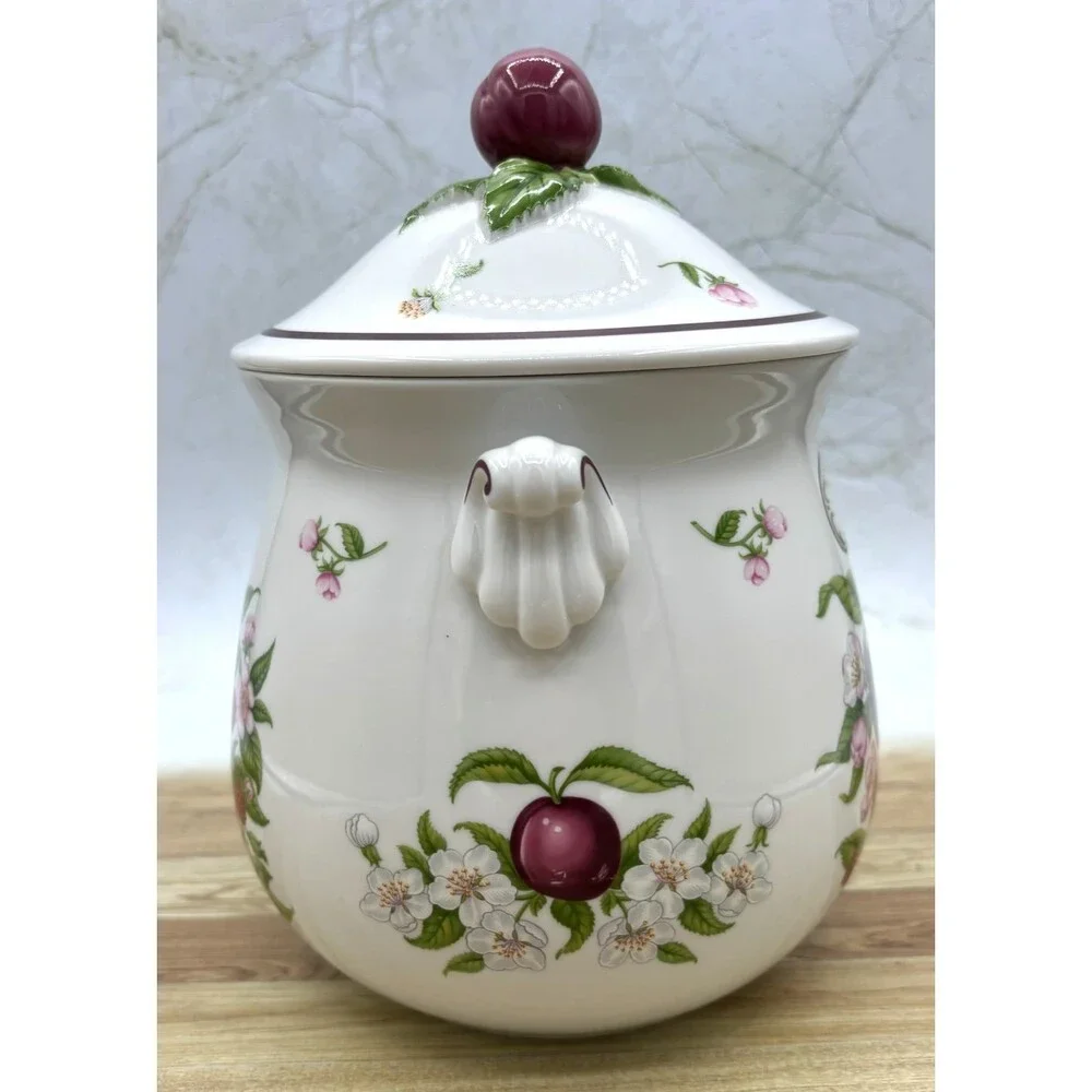 Lenox Ceramic Coffee Canister Orchard Fruit & Floral Design w/Lid Fine Porcelain